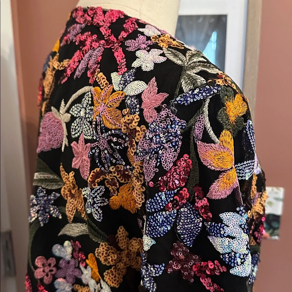 Anthropologie TINY floral slightly cropped sequins lined party Small blazer
